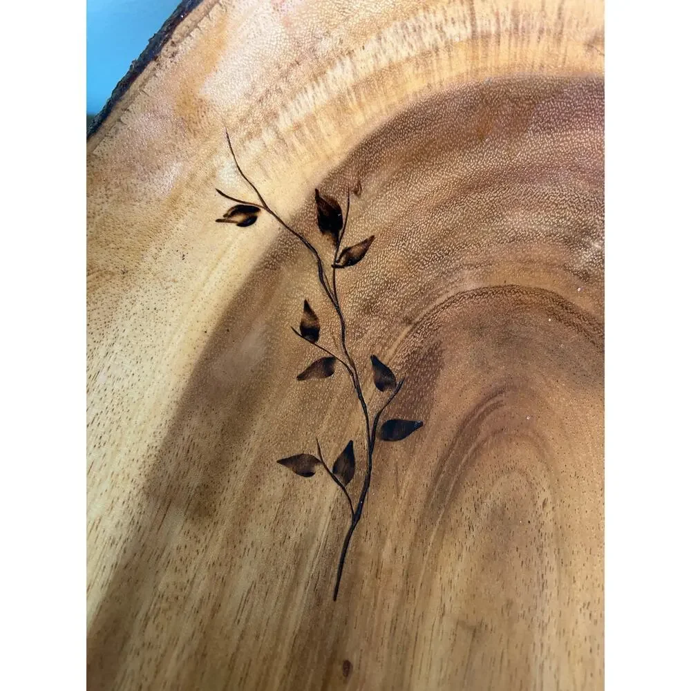 Vintage Olive Wood Look Live Edge Decorative Bowl with Burnt Floral Design